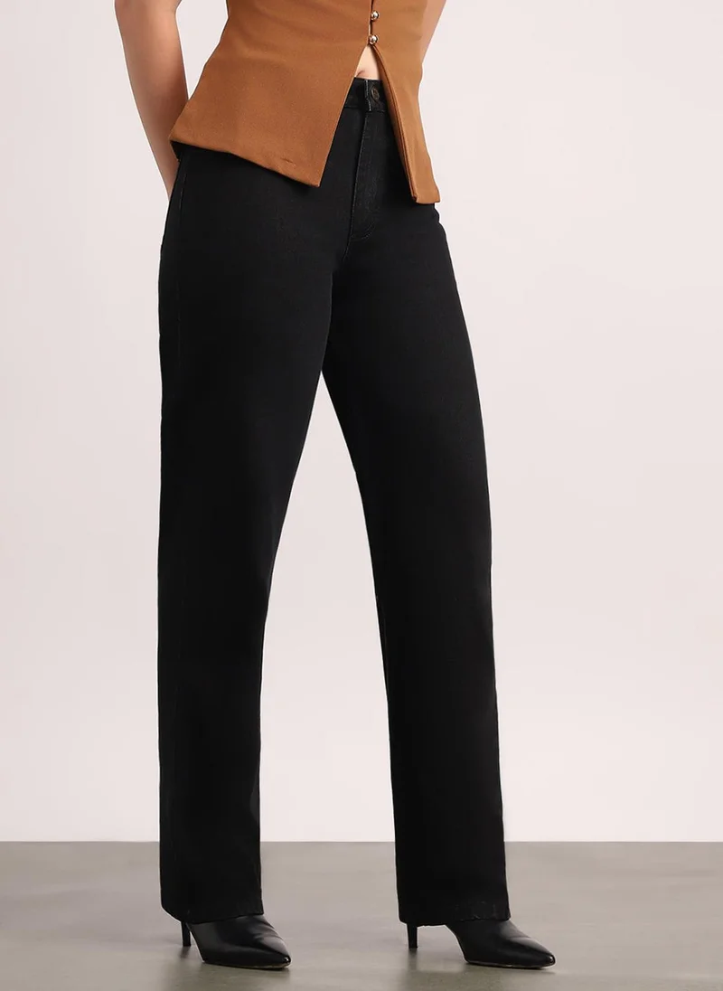 Urbano Fashion Urbano Fashion Women's Black High Rise Straight Fit Washed Jeans Non-Stretchable